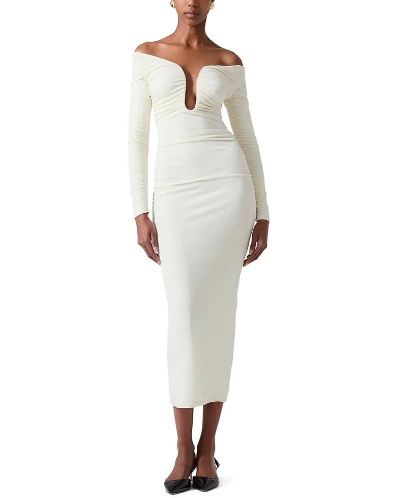 Carolina Herrera New York Deep U-Neck Ruched Midi Dress White