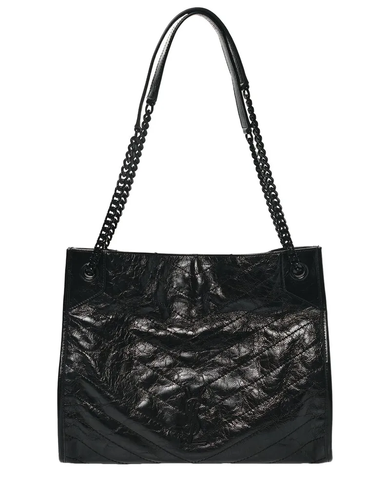 Saint Laurent Black Cracked Calfskin Leather Monogram Medium Niki Shopper Tote  (Authentic Pre-Loved Nocolor