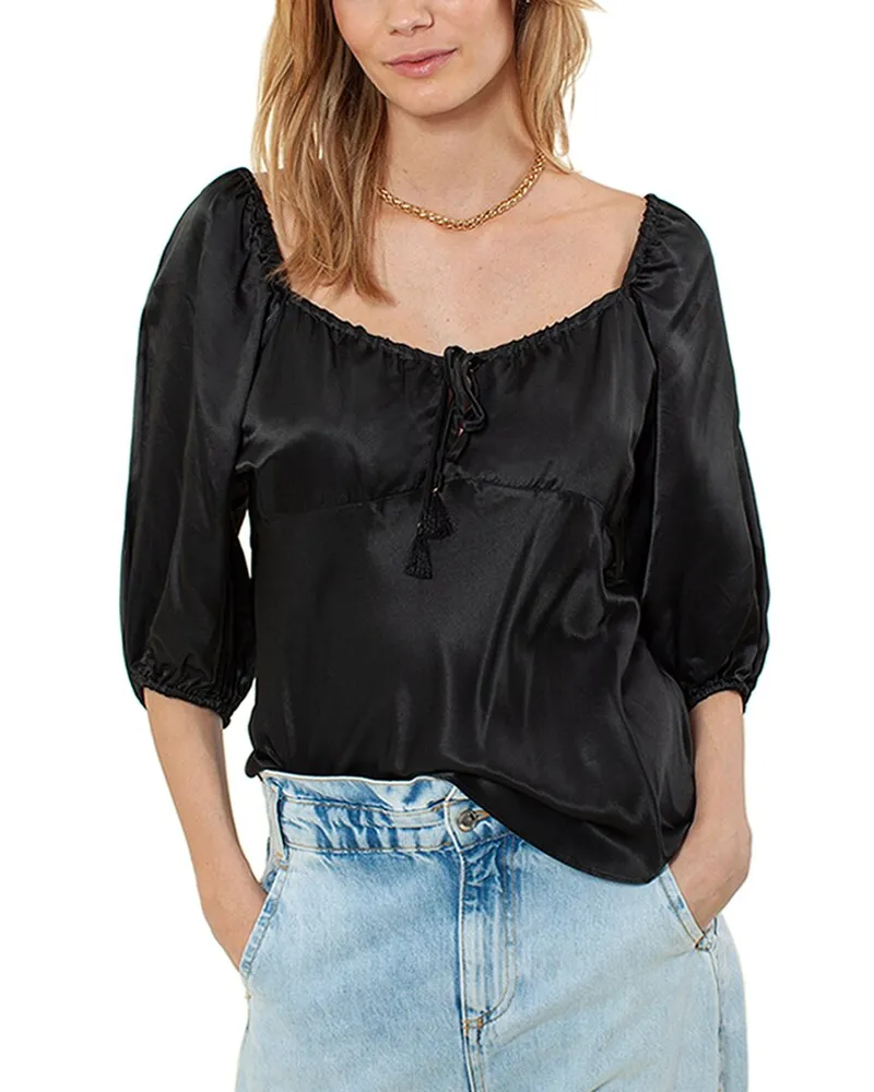 Hale Bob Solid Silk-Blend Top Black