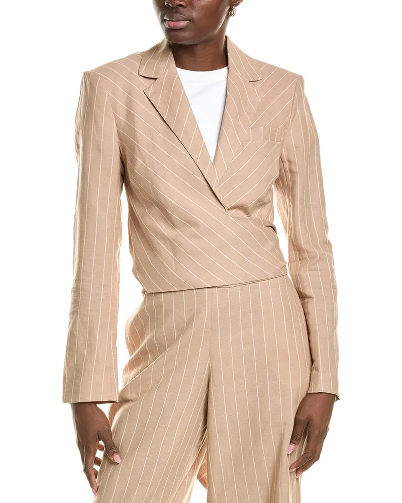 BCBGMAXAZRIA Cropped Front Tie Linen-Blend Jacket Brown