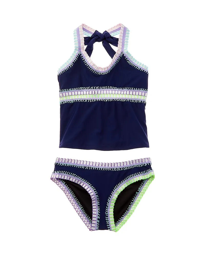 PilyQ 2pc Rainbow Embroidered Tankini Set Blue