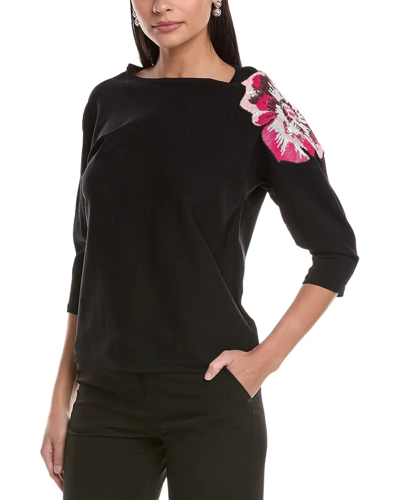 Anne Klein Sequin Embellished Flower Sweater Black