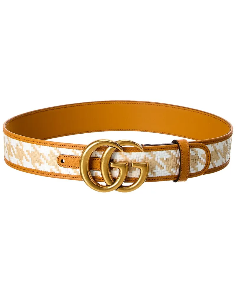 Gucci GG Straw & Leather Belt Brown