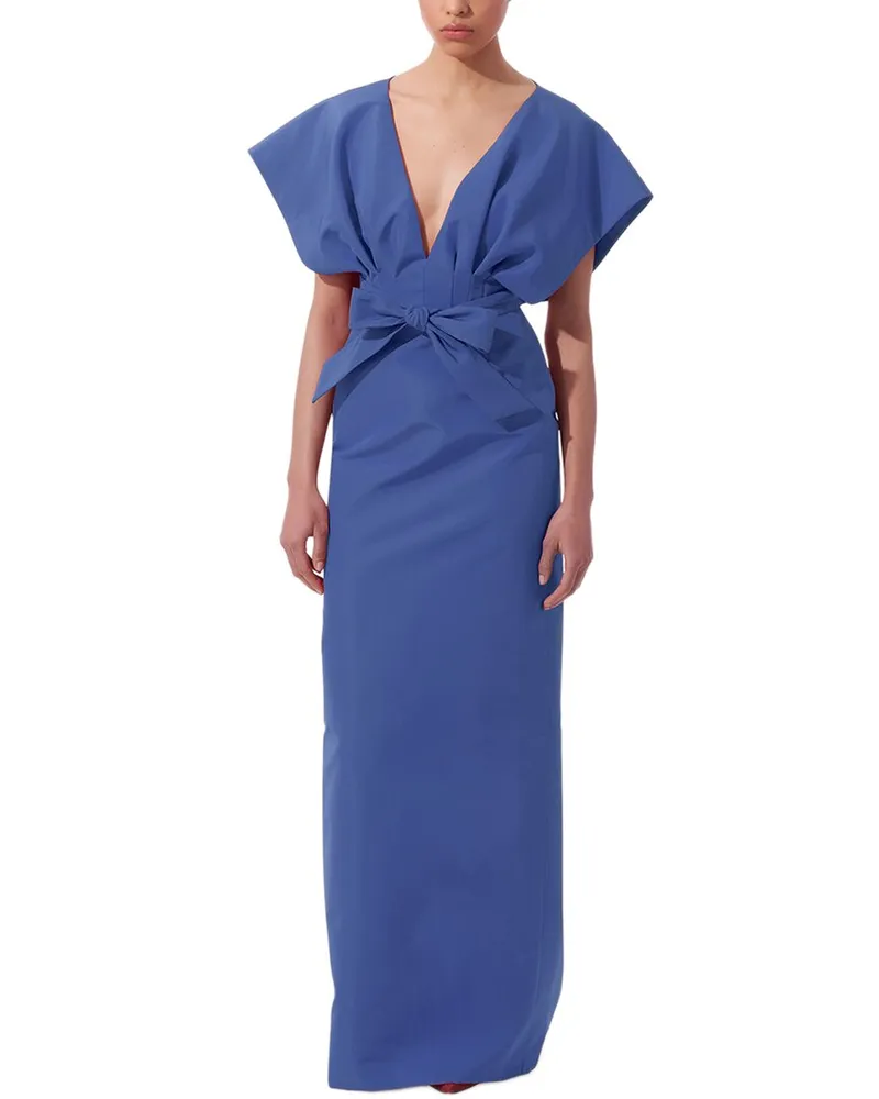 Carolina Herrera New York V-Neck Fan Bodice Silk Column Gown Nocolor