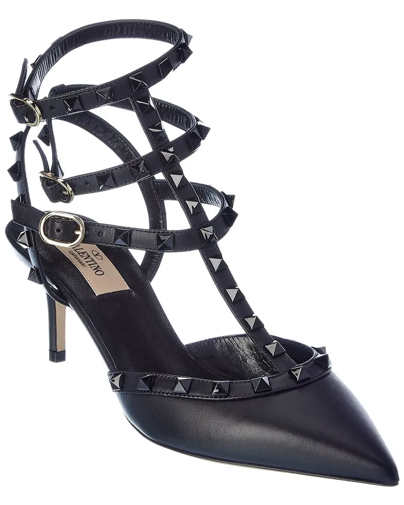 Valentino Garavani Rockstud Caged 65 Leather Ankle Strap Pump Black