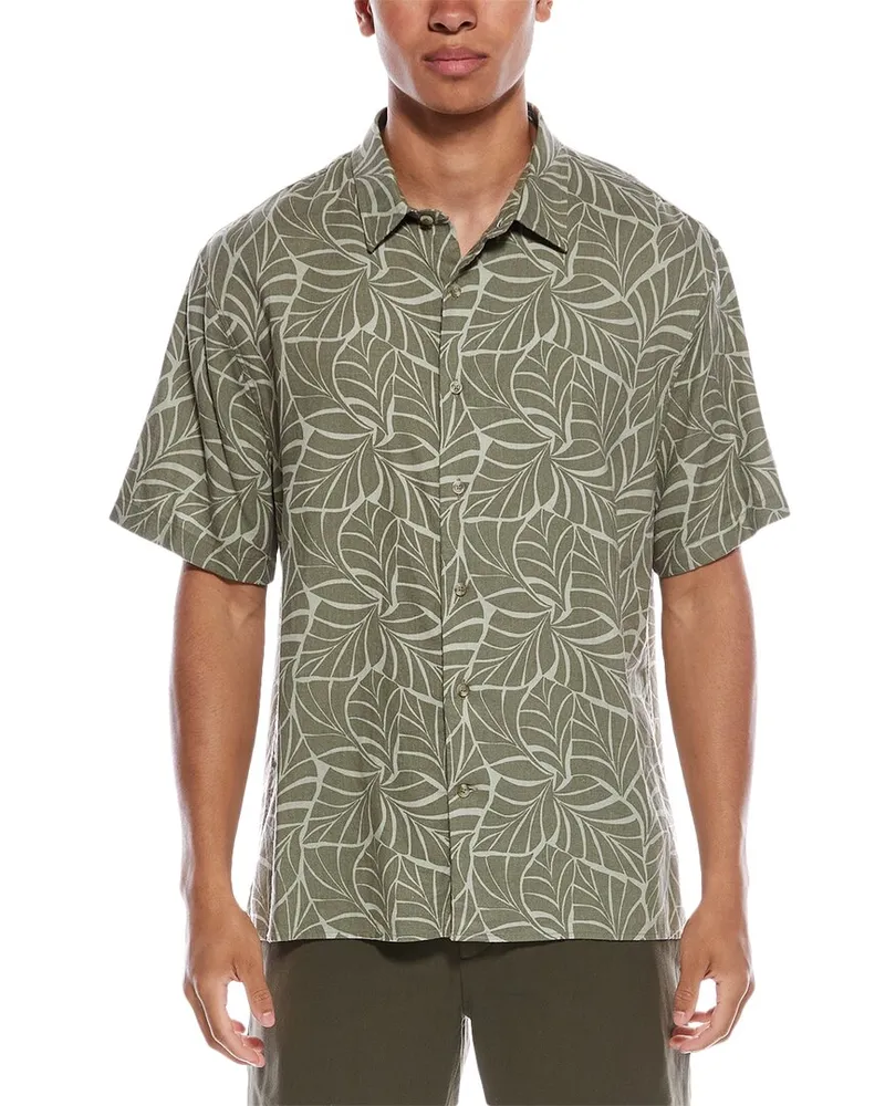 Vince Knotted Leaves Classic Fit Linen-Blend Shirt Green