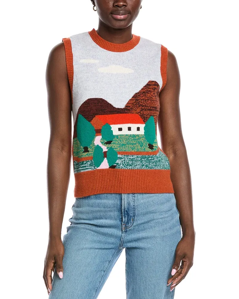 Autumn Cashmere Landscape Intarsia Cashmere Vest Orange
