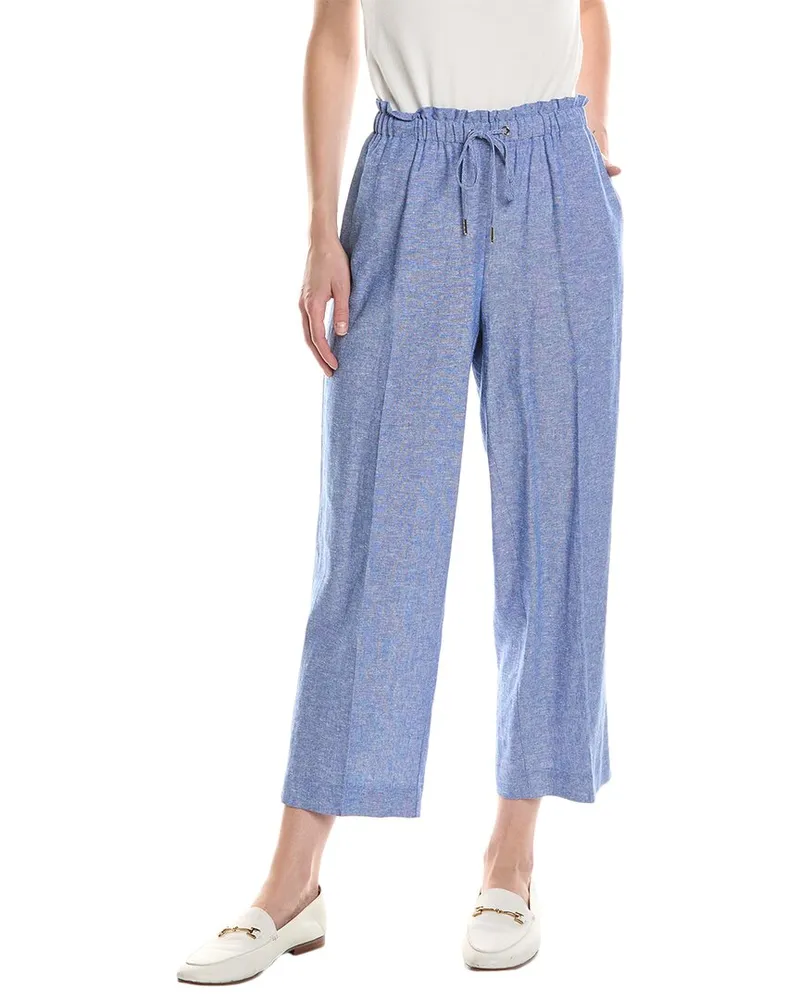 Anne Klein Drawstring Linen-Blend Wide Leg Pant Blue