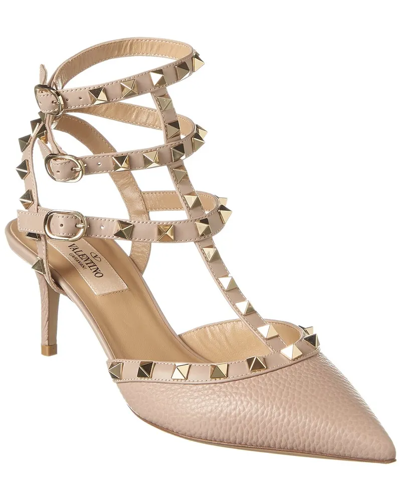Valentino Garavani Rockstud Caged 65 Grainy Leather Ankle Strap Pump Pink
