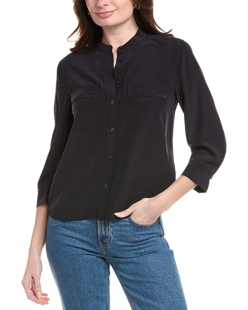 Frame Denim Scallop Trim Silk Shirt Blue