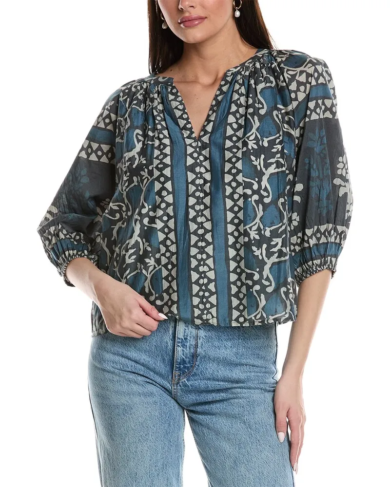 Graham & Spencer Balloon Sleeve Silk-Blend Blouse Blue