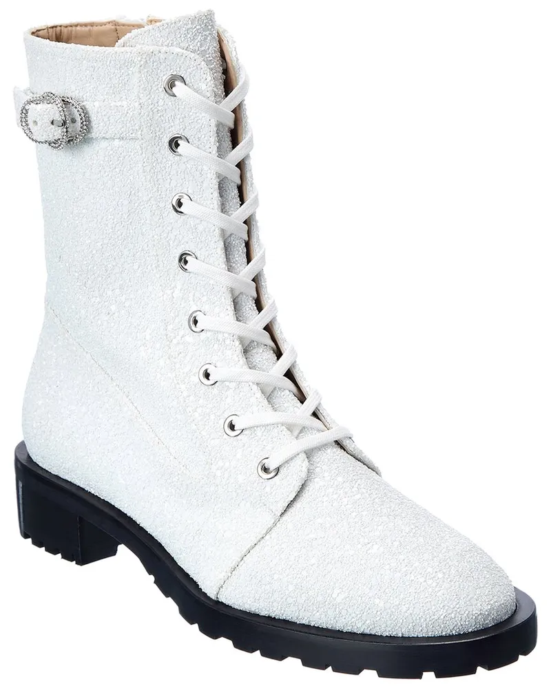 Stuart Weitzman Crystal Buckle Lace-Up Bootie White