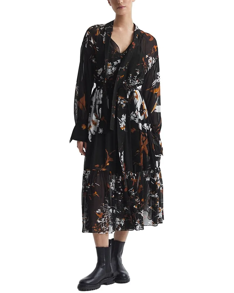 Reiss Charlotte Floral Printed Midi Dress Black