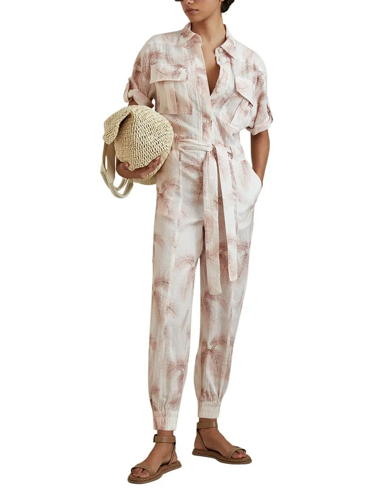 Reiss Kaia Printed Linen Jumpsuit Pink