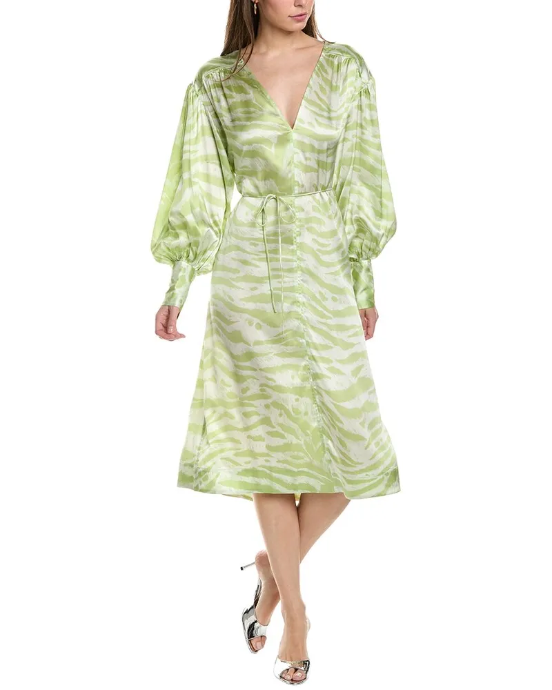 Ganni Drop-Shoulder V-Neck Silk-Blend Maxi Dress Green
