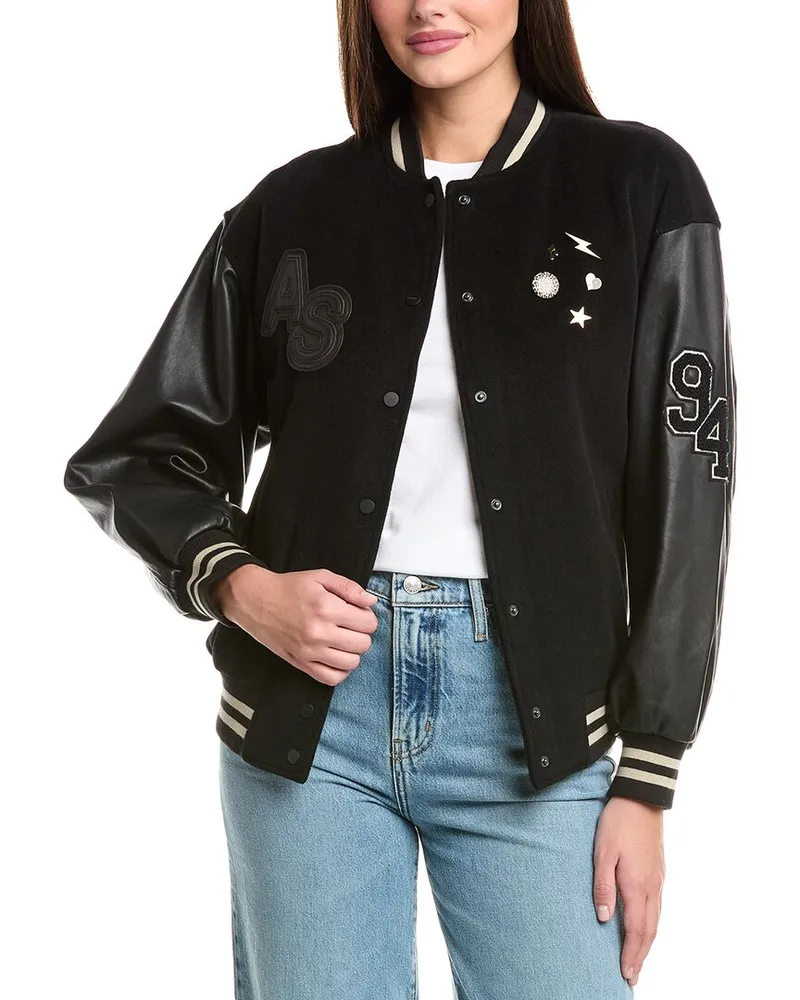 AllSaints Valeria Leather Sleeve Wool-Blend Varsity Jacket Black