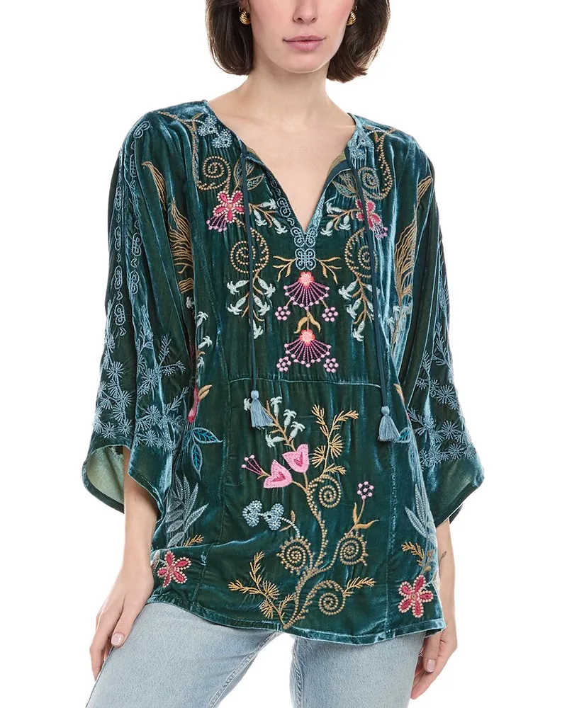 Johnny Was Velvet Kaftan Silk-Blend Blouse Blue