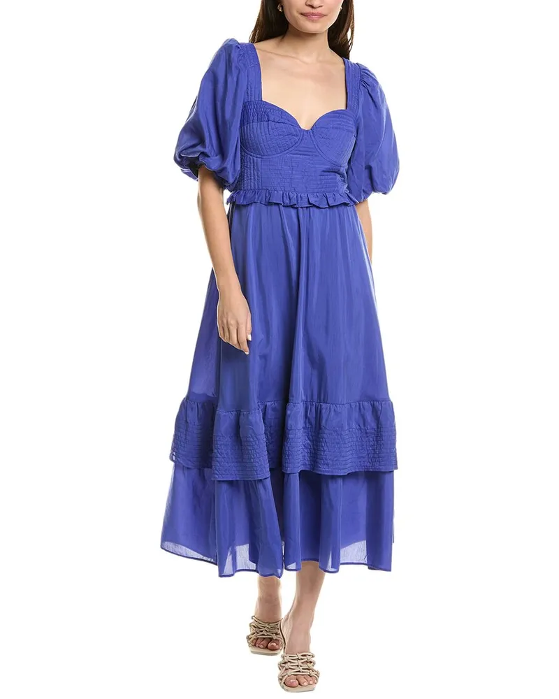 FARM Rio Bubble Sleeve Midi Dress Blue