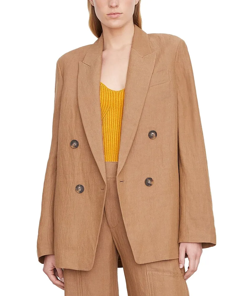 Vince Double-Breasted Linen-Blend Boyfriend Blazer Brown