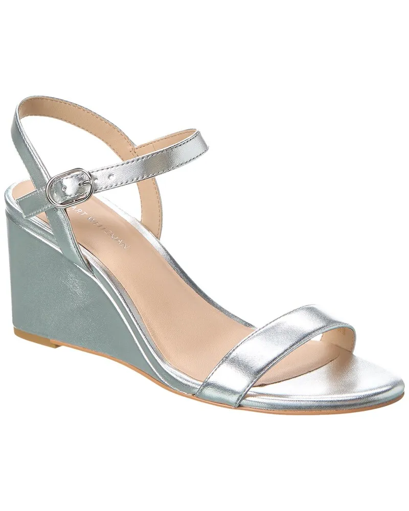 Stuart Weitzman Dancer 75 Leather Wedge Sandal Silver