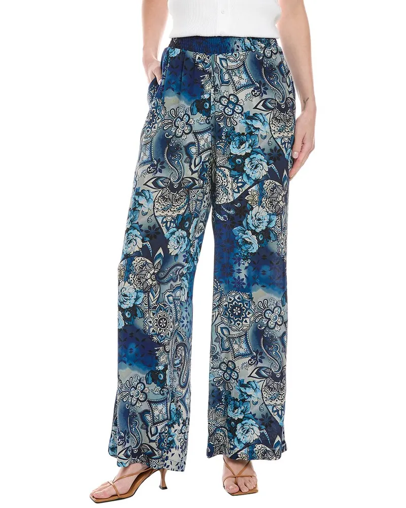 Johnny Was Smocked Waist Silk Pant Blue