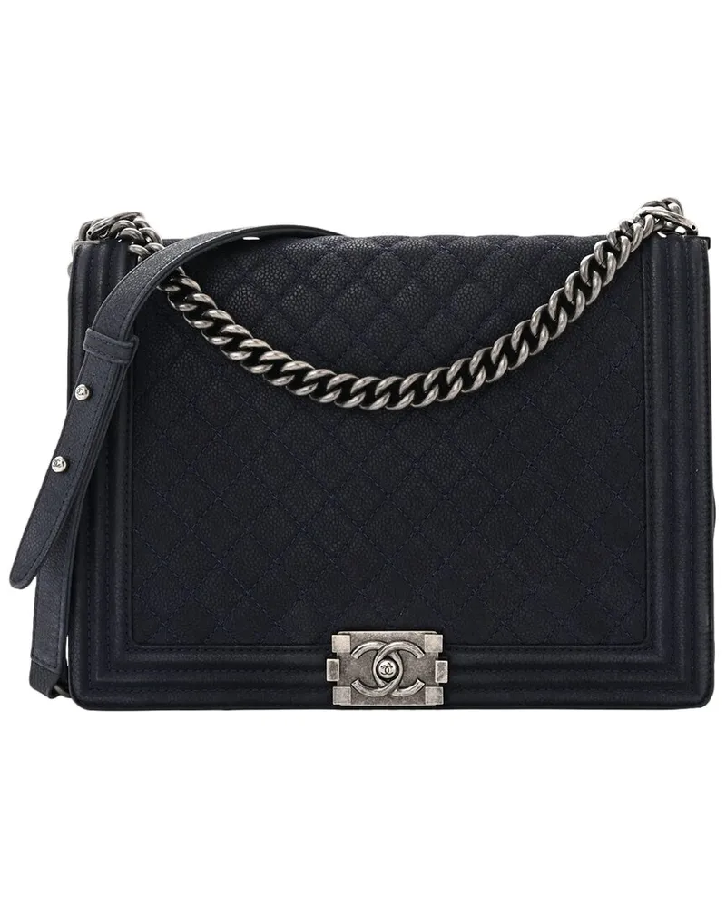 Chanel Navy Quilted Caviar Leather Iridescent Large Boy Flap Bag (Authentic Pre-Loved Nocolor