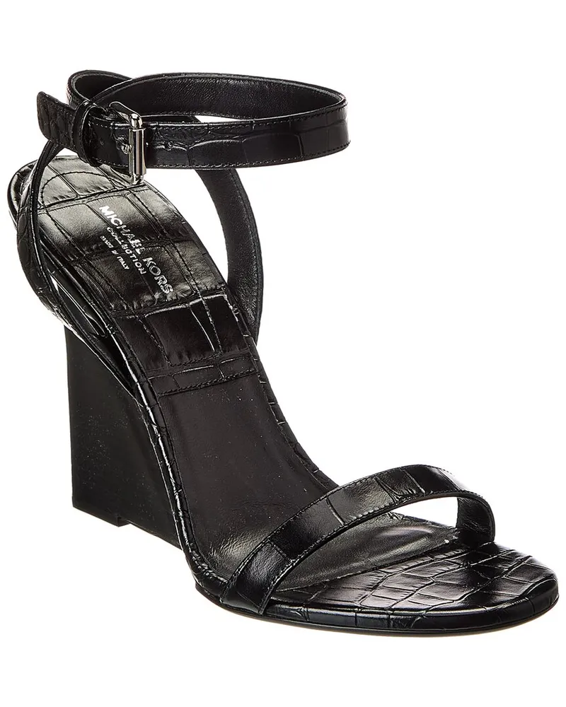 Michael Kors Claudia Croc-Embossed Leather Wedge Sandal Black