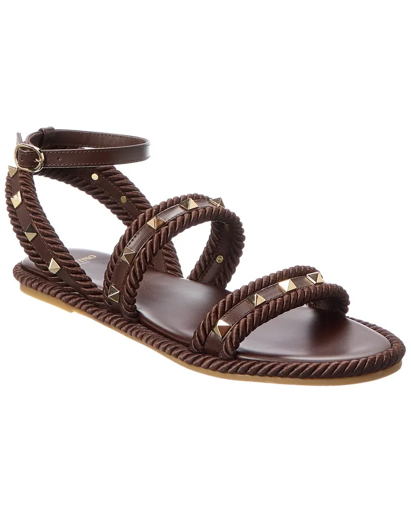 Valentino Garavani Rockstud Rope & Leather Sandal Brown
