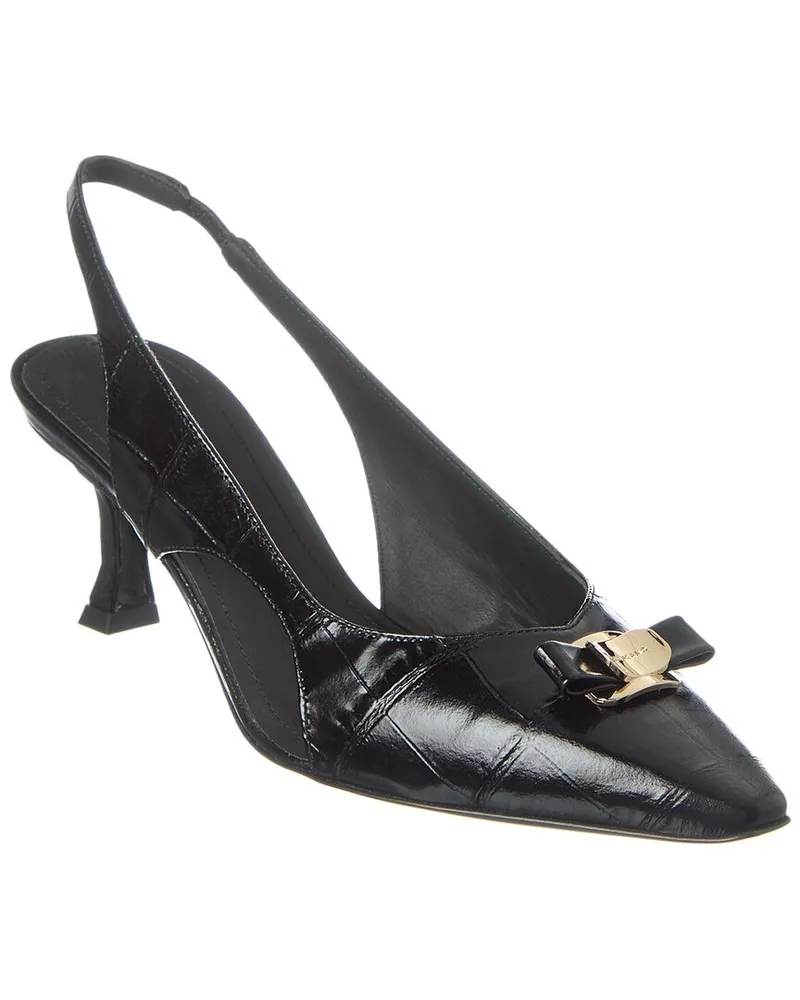 Ferragamo Mini Bow Zarula Croc-Embossed Leather Slingback Pump Black