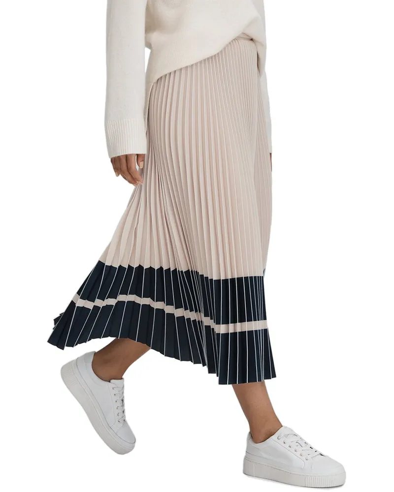 Reiss Marie Colorblock Pleated Skirt Beige