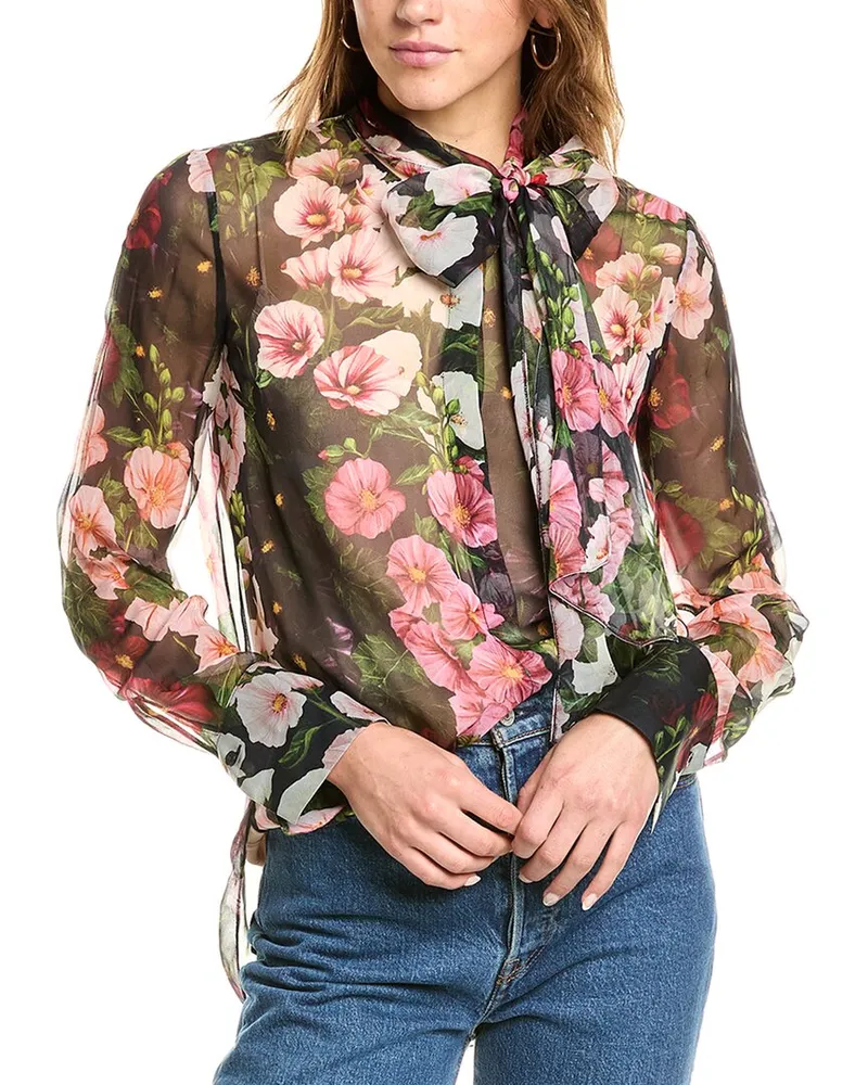 Oscar de la Renta Hollyhocks Silk Chiffon Blouse Pink