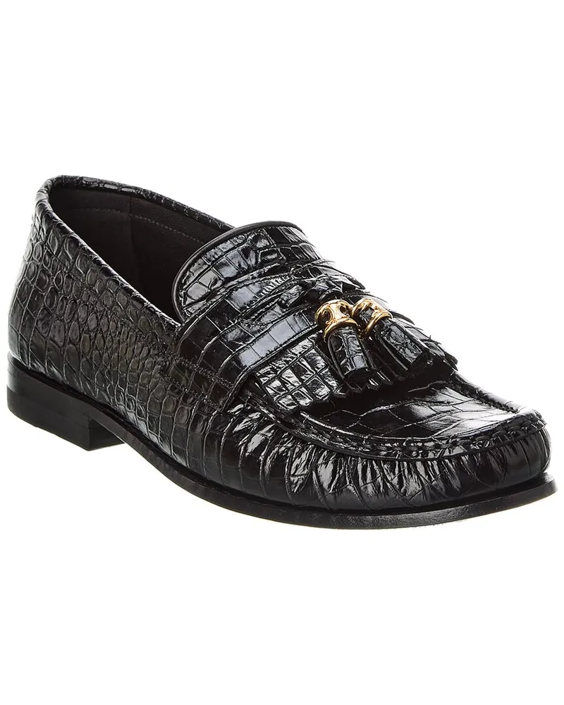 Celine Luco Triomphe Croc-Embossed Leather Loafer Black