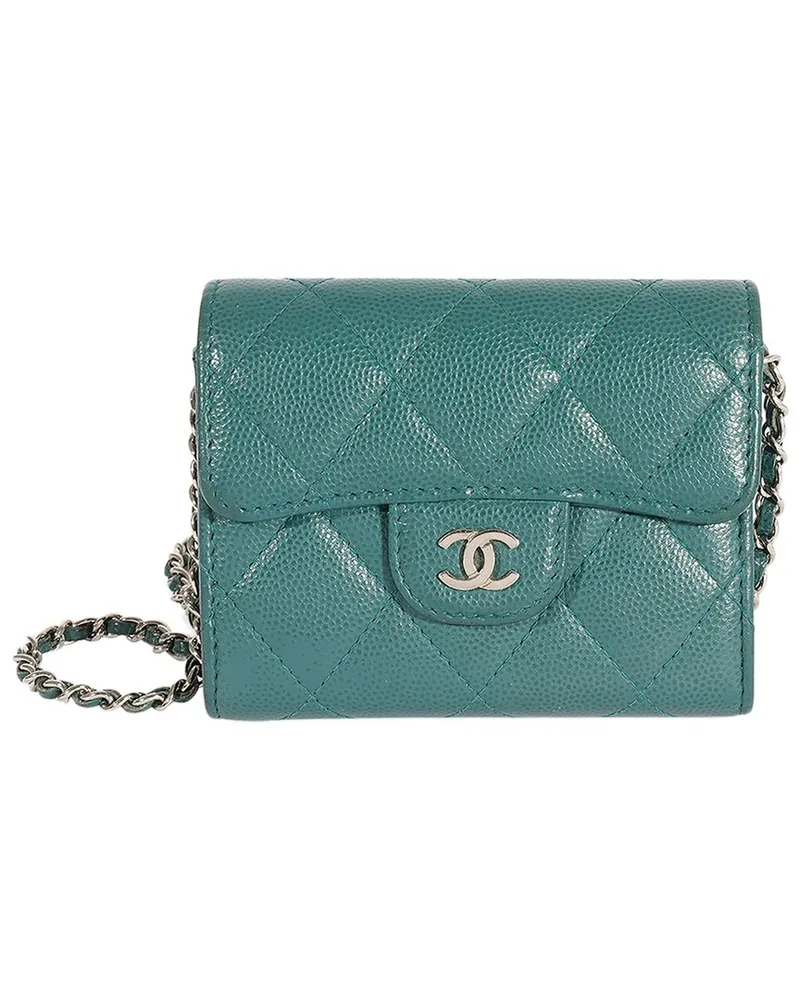 Chanel Blue & Green Quilted Caviar Classic Card Holder on Chain Handbag  (Authentic Pre-Loved Nocolor