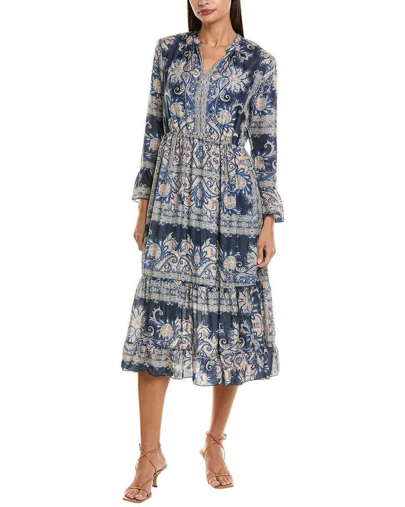 Johnny Was Lucrezia Silk Midi Dress Blue