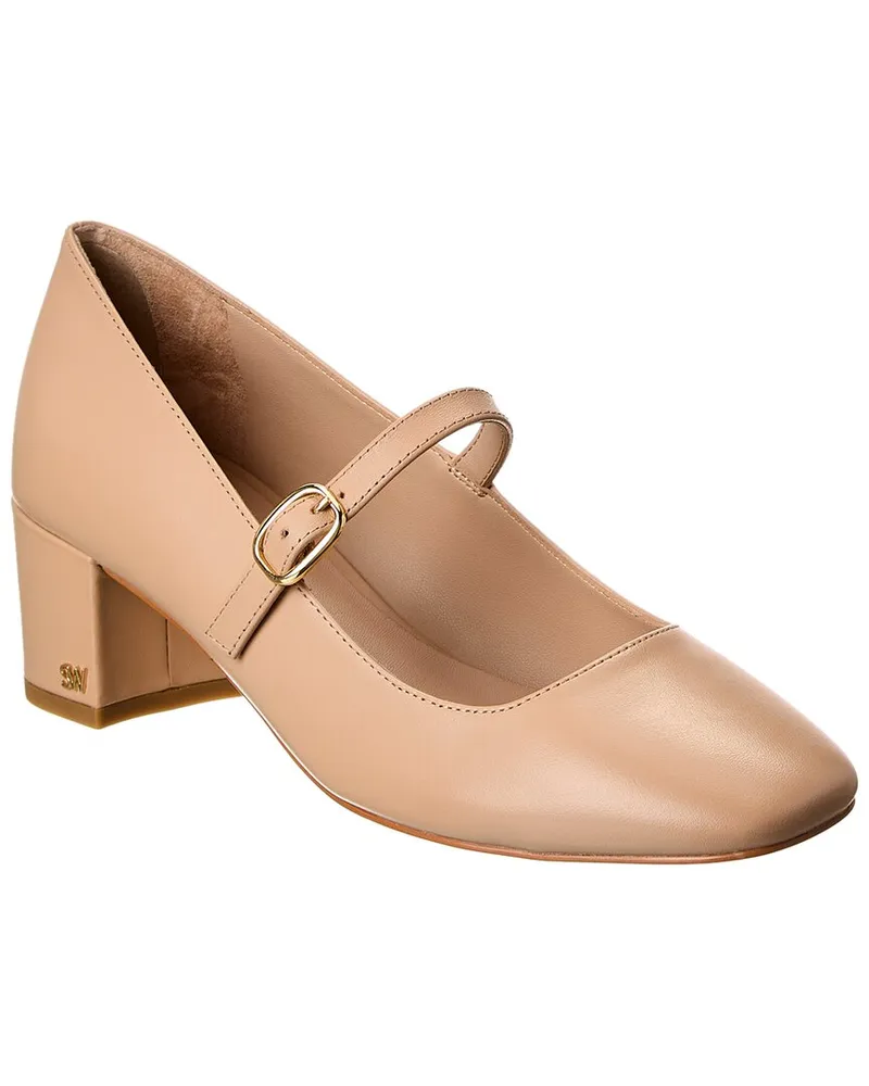 Stuart Weitzman Louise 50 Block Leather Mary Jane Pump Beige