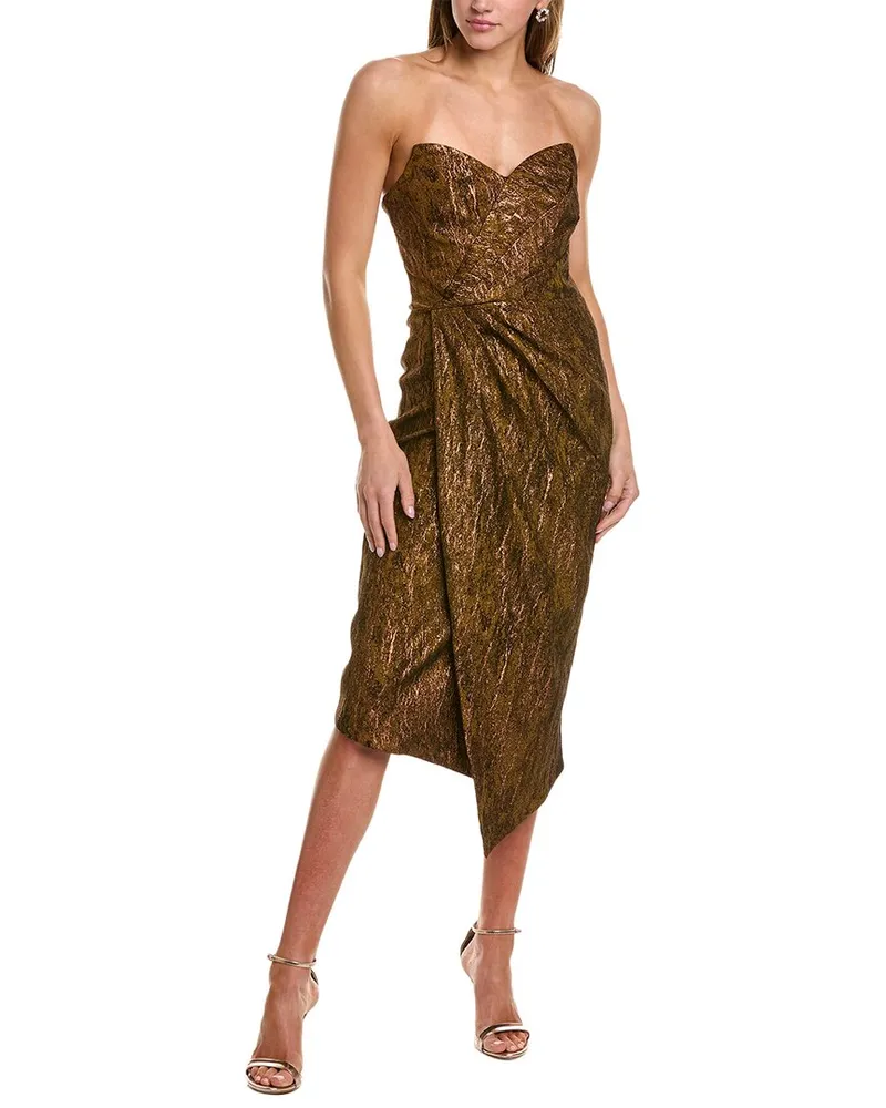THEIA Stretch Jacquard Strapless Cocktail Dress Gold