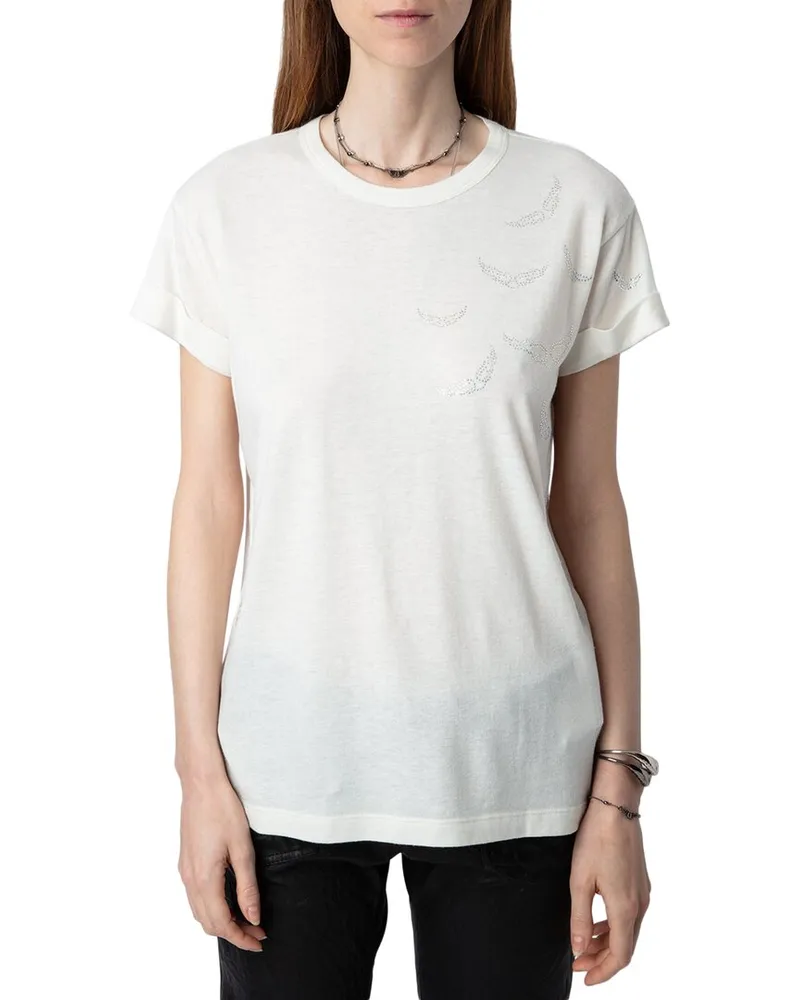 Zadig & Voltaire Anya Pcl Rain Strass Wings Linen-Blend T-Shirt White