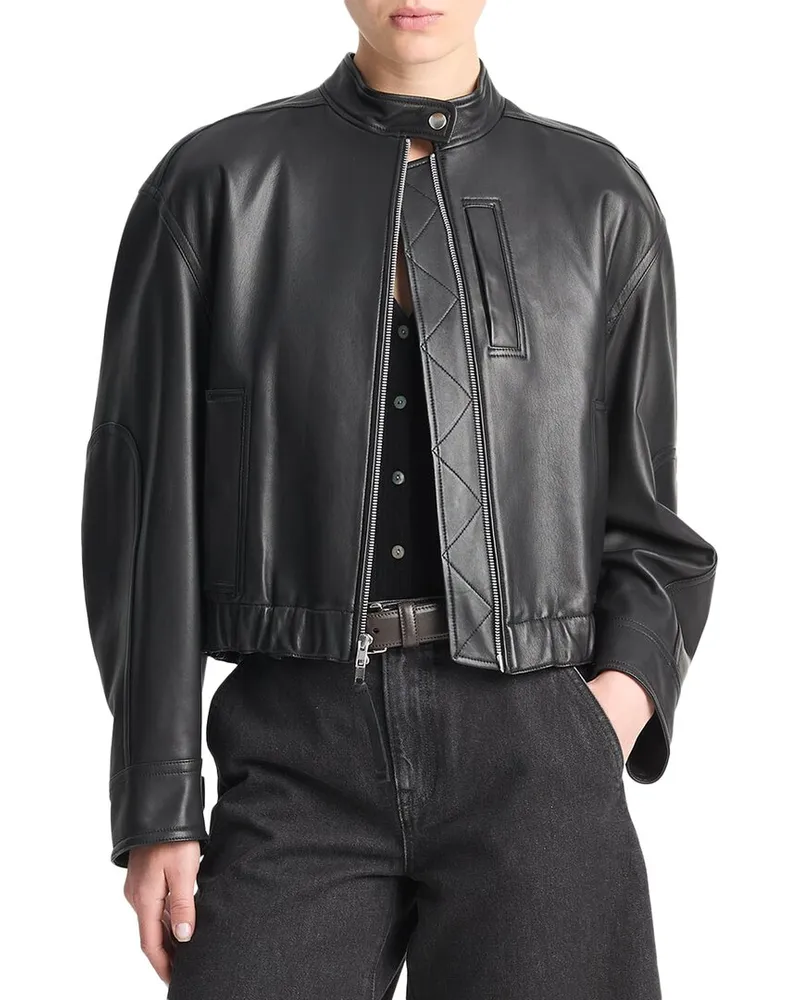 Vince Leather Cropped Bomber Jacket Black