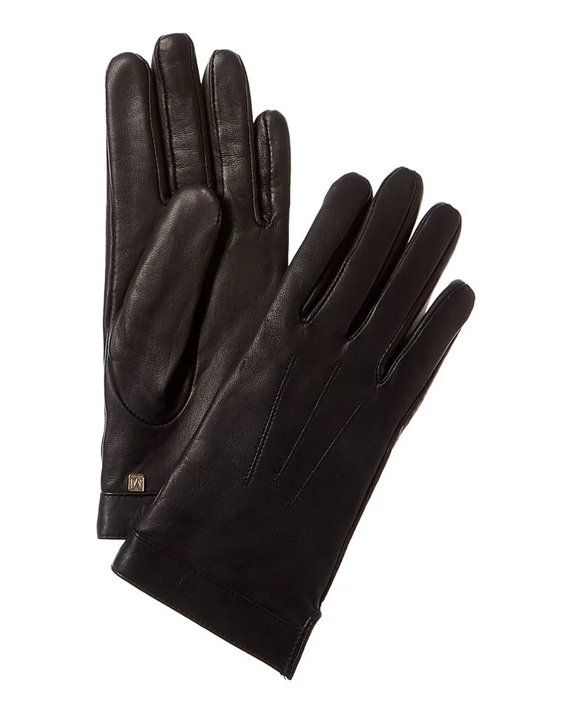 Bruno Magli Logo Cuff Cashmere-Lined Leather Gloves Blue