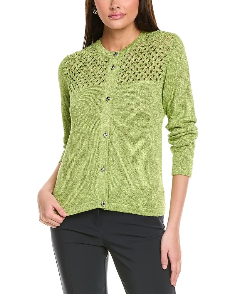 ST. JOHN Sparkle Crochet Cardigan Green
