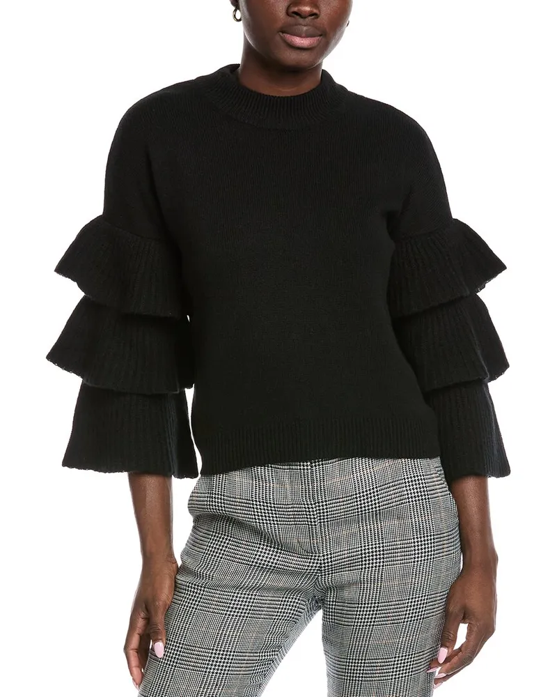 Autumn Cashmere Tiered Ruffle Sleeve Cashmere Sweater Black