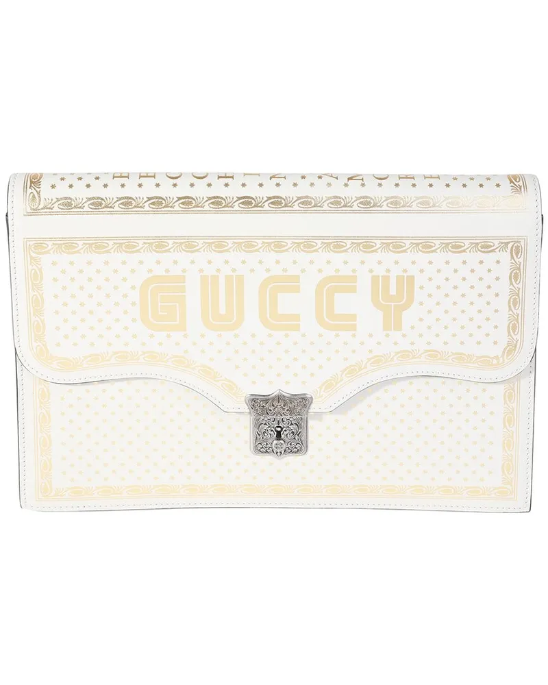 Gucci Gold, Metallic, White Printed Calfskin x Sega GUCCY Portfolio Clutch  (Authentic Pre-Loved Nocolor