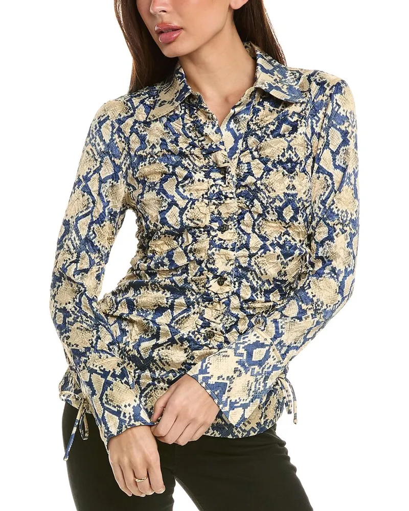 Ganni Crinkled Satin Fitted Shirt Blue