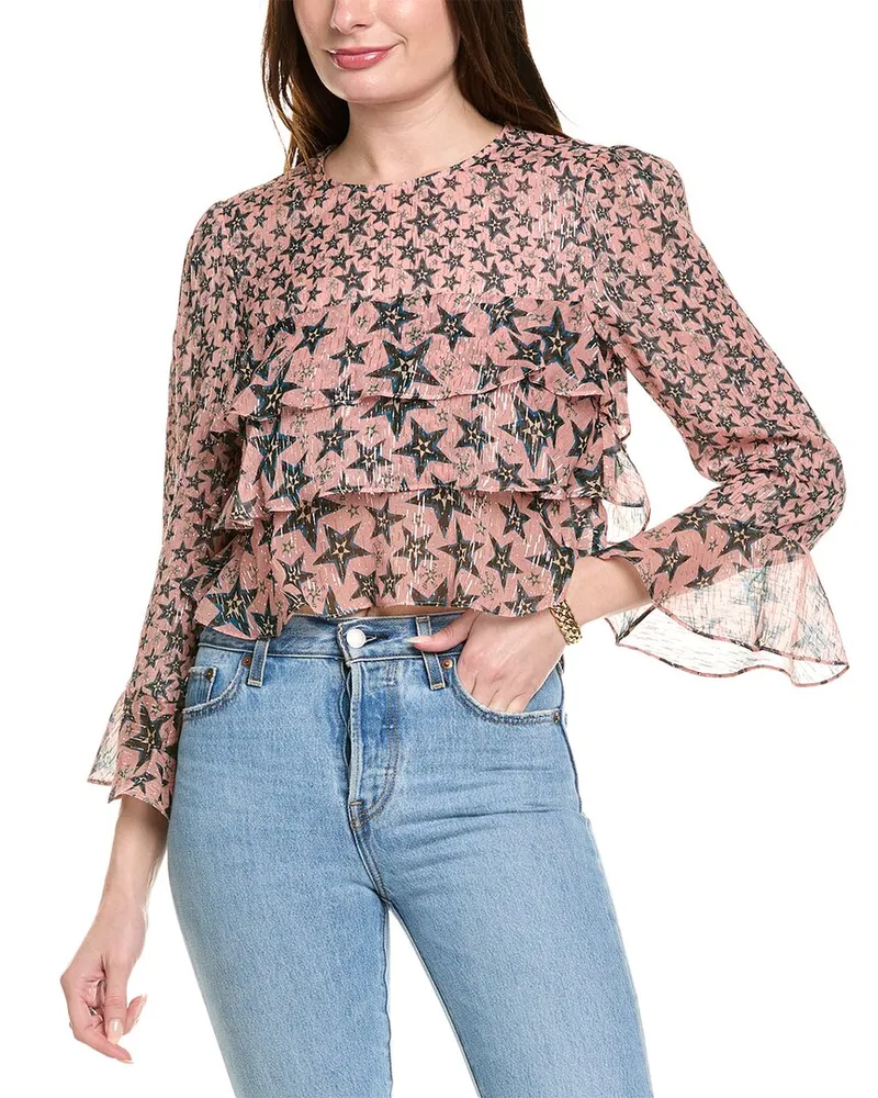 Saloni Jacquard Silk-Blend Top Pink