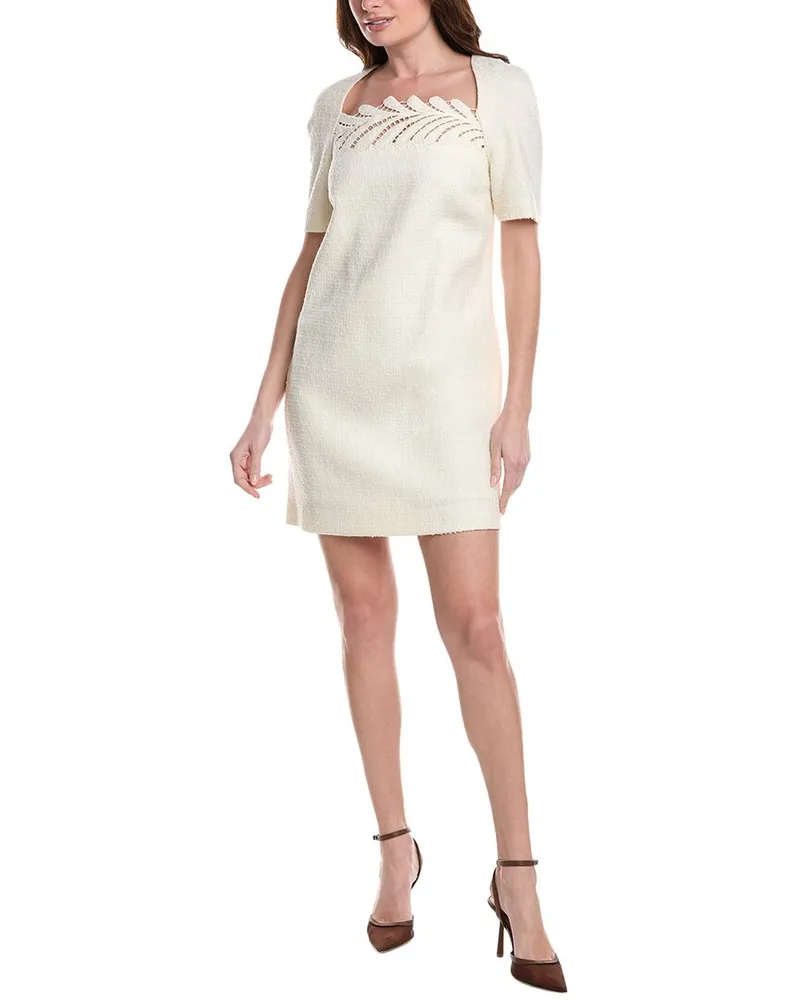 Oscar de la Renta Fern Embroidered Silk-Lined Wool-Blend Shift Dress White