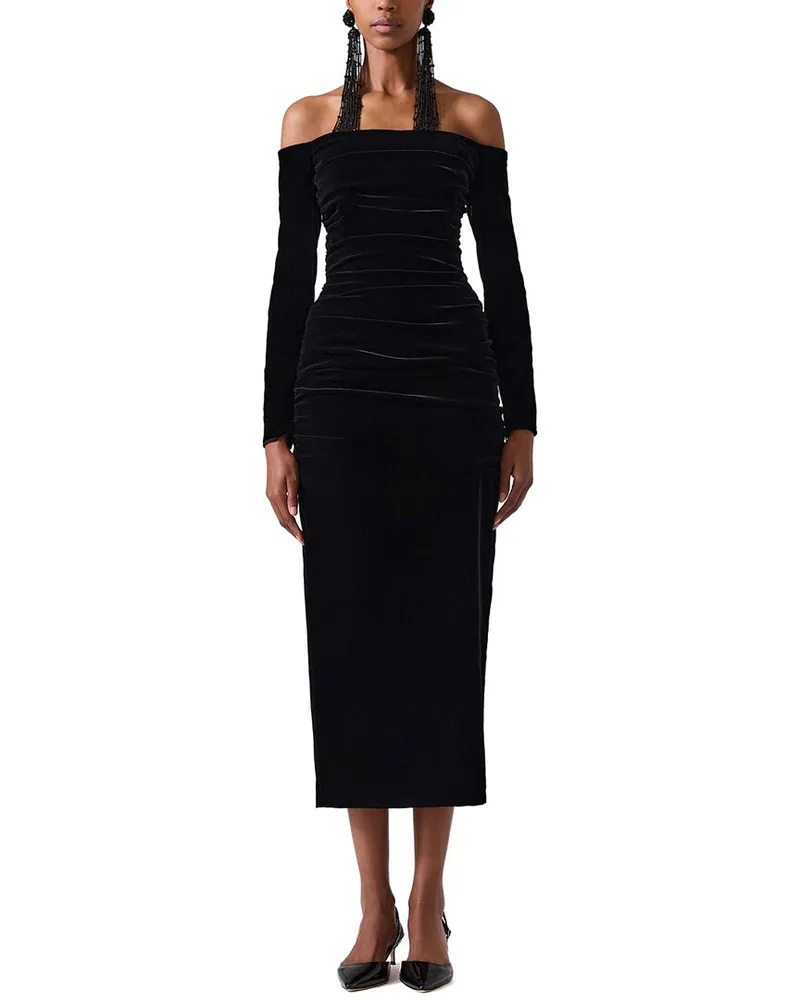 Carolina Herrera New York Stretch Velvet Off-Shoulder Ruched Midi Dress Black