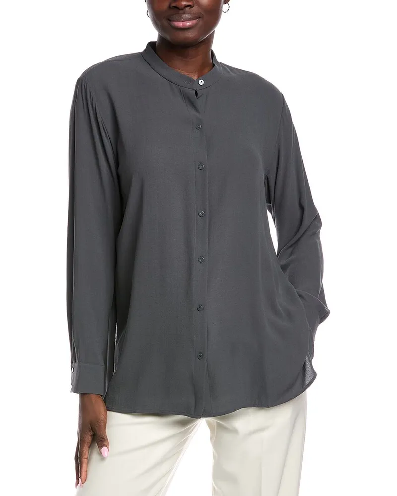 Eileen Fisher Mandarin Collar Silk Shirt Grey