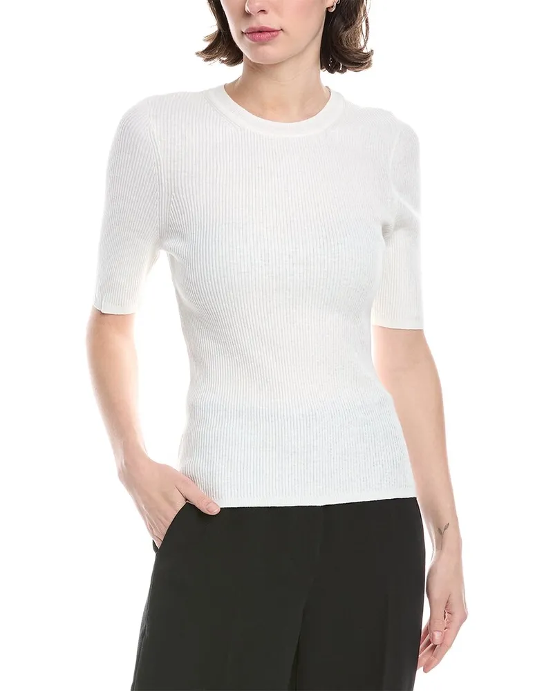 Enza Costa Knit Half-Sleeve Linen-Blend Sweater White