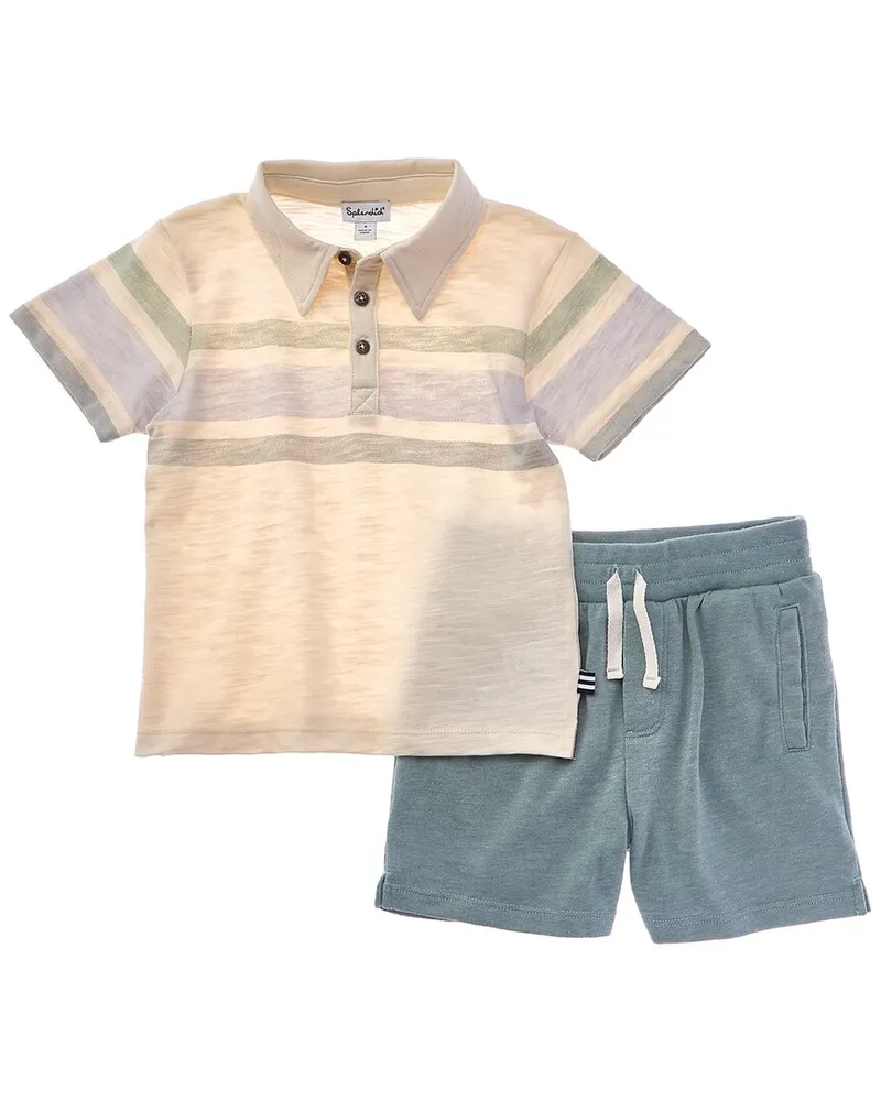 Splendid 2pc Stripe Polo Shirt & Short Set White