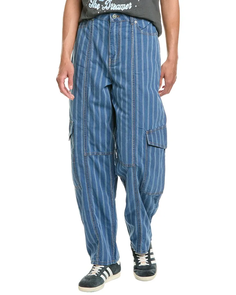 Ganni Light Stripe Denim Cargo Pant Blue